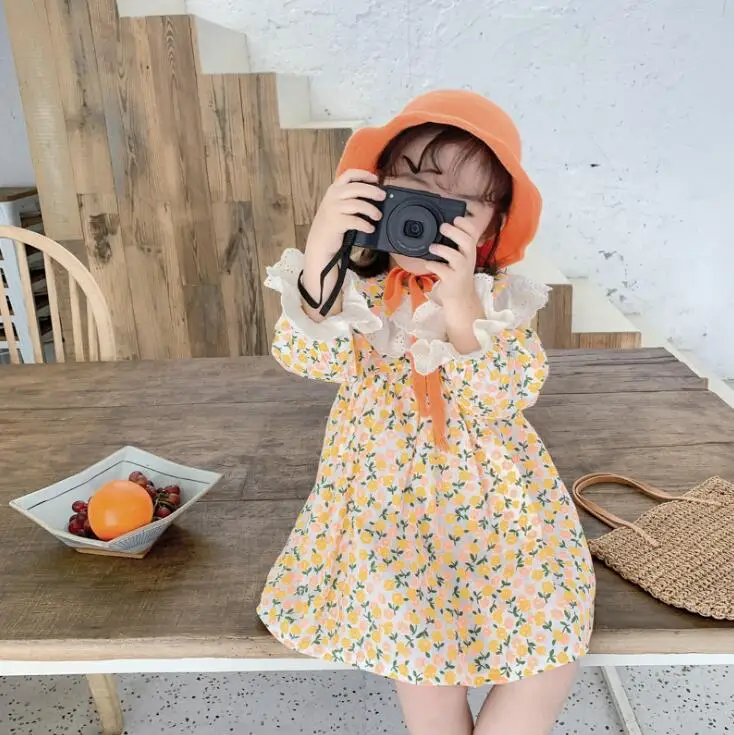 Платье с цветочным рисунком и оборками в Корейском стиле для девочек весенние хлопковые модные платья для маленьких девочек детская одежда От 1 до 6 лет