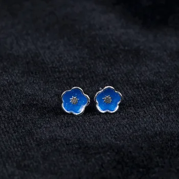 

925 Sterling Silver Earrings Blue Drop Glaze Cherry Blossoms Stud Earrings For Women Fashion Flower Simple Ear Jewelry