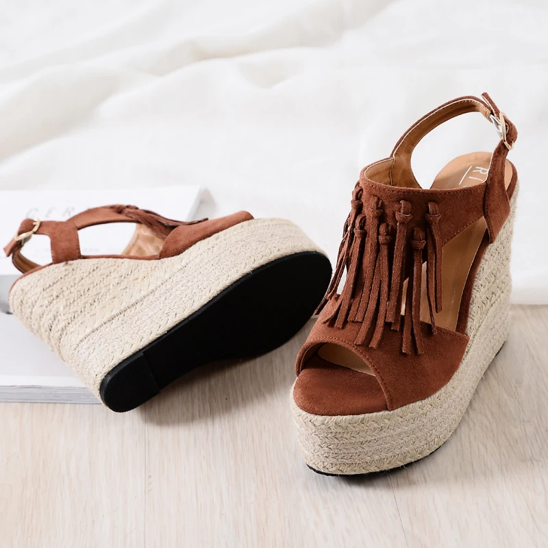 new ultra high heel wedge sandals waterproof platform muffin thick bottom Roman tassel women's sandals small size shoes 32