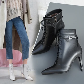 

2021 Newest Brand Ankle Boots Autumn Winter lace up Party Wedding Prom Pumps Ladies High Heels Pointed Toe Basic Boots