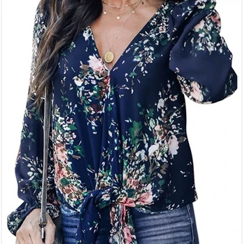 

Woman Spring Autumn Dark Blue Lace Up Long Sleeve Blouse Top Floral Print office lady Shirt