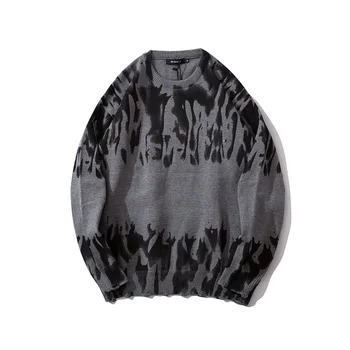 

Flame Jacquard Long Sleeve Round Neck Sweater Men's Loose Casual Crew Neck Pullover Sweater Male Harajuku Oversize Clothing