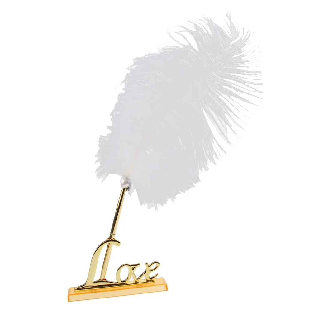 Feathers Sign Pen - Wedding Guestbook Reception Pen Set and Gold Holder with 