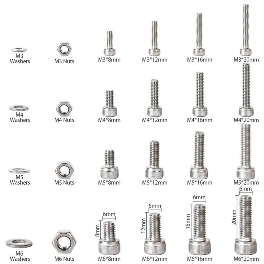 520 шт Универсальные многофункциональные винты с шестигранной головкой, набор оборудования, 304 гайки из нержавеющей стали, шайба M3 M4 M5 M6, крепежные головки