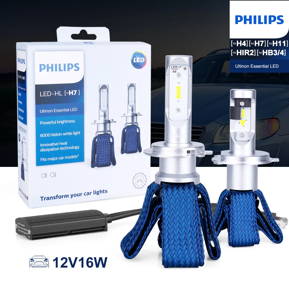 Philips H7 светодиодный H4 H8 H11 H16 9005 9006 9012 HIR2 HB3 HB4 Ultinon Эфирное светодиодный лампы для автомобилей 6000 К авто фары Противотуманные огни комплект из 2 предметов