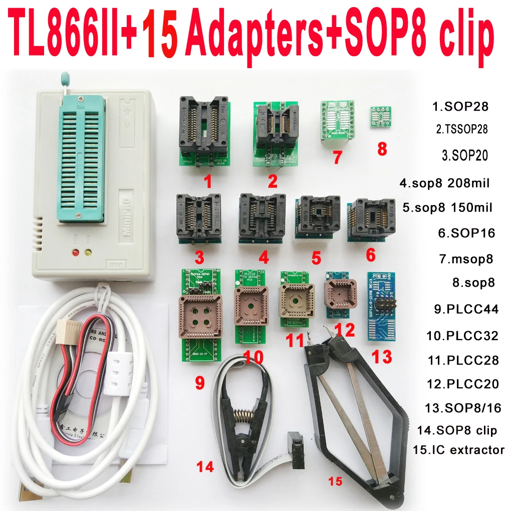 Программатор микросхем TL866II Plus Minipro 28 переходников разъем SOP8 зажим TL866 nand flash 24 93 25