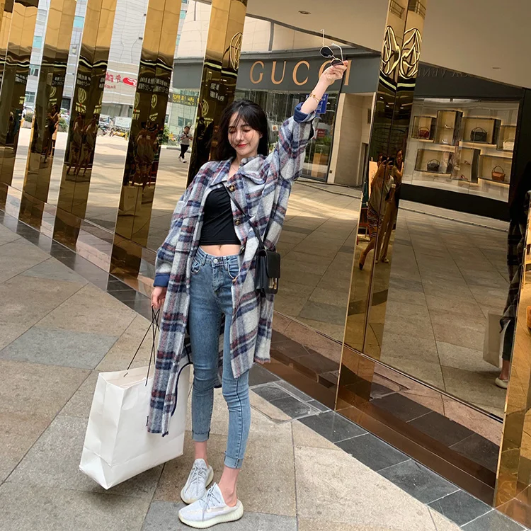 Women Elegant Woolen Coat Plaid Print Wool Turn Down Collar OG0696