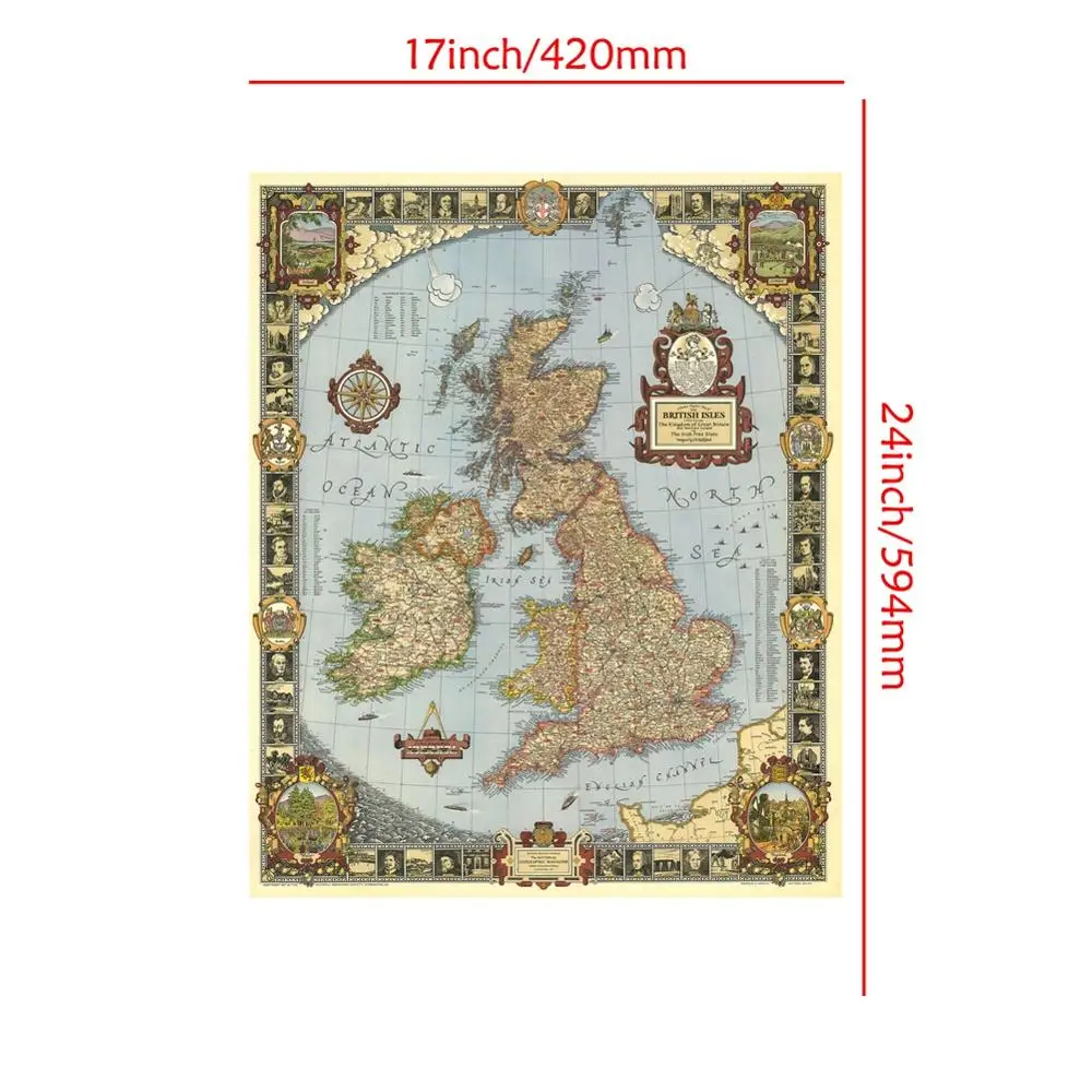 A2 Size Vintage Kingdom of Great Britain Map in 1937 HD Fine Canvas Decpr Map For Living Room/Study Room Wall Decor