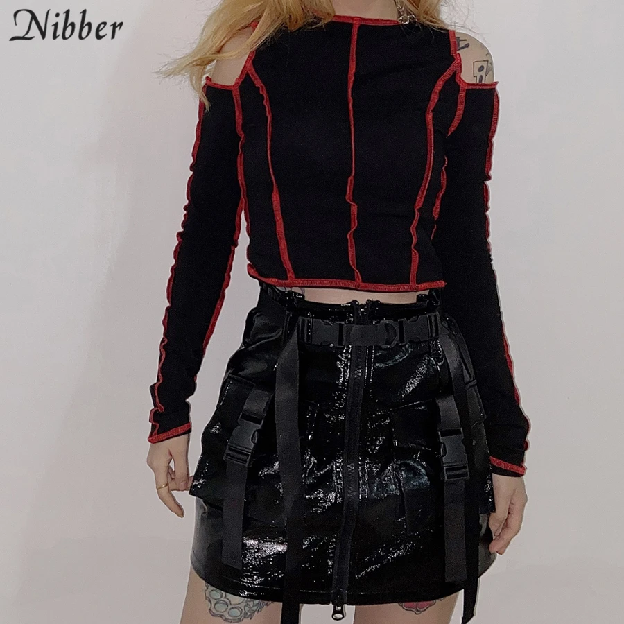 NIBBER, простой дизайн в черную полоску, женские топы с вырезами, Осень-зима, модные футболки с длинным рукавом, Harajuku