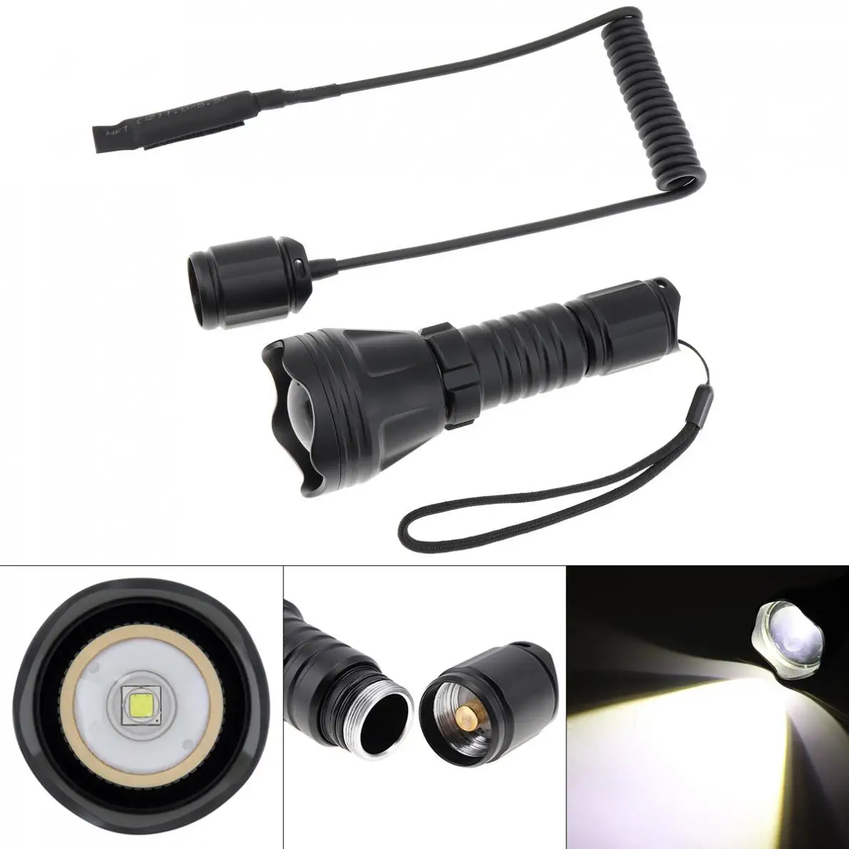 

B158B Convex Lens Zoom Flashlight LED Torch Hunting Light 900 Lumens Aluminum Tactical Flashlight + Remote Pressure Switch