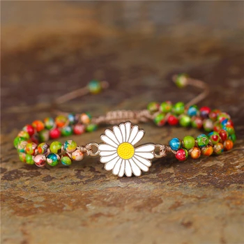 

Classic Daisy Charm Macrame Bracelets Green Jaspers Natural stone Braided Bracelets beaded Wrap Bracelet Women Jewelry Dropship