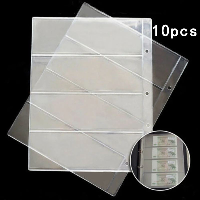 10Pcs A4 Banknotes Currency 4-Pocket Holders Pages Album Paper Money Sleeves Paper Money Album Page for Collection show display