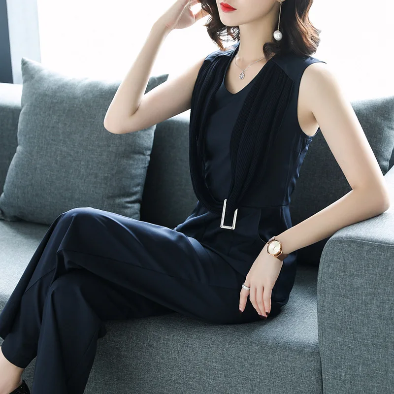 

2019 New Style Summer Onesie V-neck Simple Solid Color Versatile Super Fire INS-Style Loose Pants Women's
