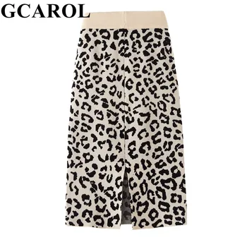 

GCAROL Women Leopard Knitted Mid Length Skirt Elastic Waist Hip Wrap Split Thick Fall Winter Bud Knit Skirt Multi Occasion