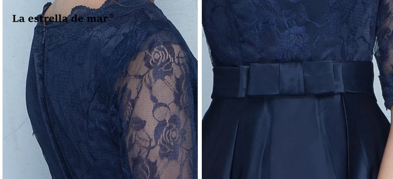 Vestidos fiesta boda новое платье из кружева, с вырезом на шее, атласное платье с коротким рукавом, ТРАПЕЦИЕВИДНОЕ темно-синее платье подружки невесты, чайное удлиненное платье na wesele Plus