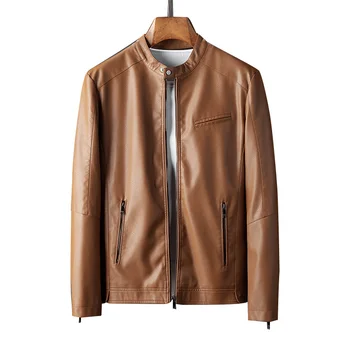 

2020 Autumn Young Trend Leather Jacket Men Fashion Slim Solid Color Stand Collar Men Leather Jacket Zipper PU Leather Jacket Men