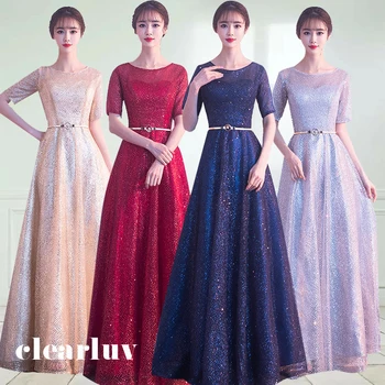 

Shiny A-Line Evening Dress DR453 Sequined Formal Party Gowns O-Neck Half Sleeve Vestidos De Fiesta Lace Up Women Long Dresses