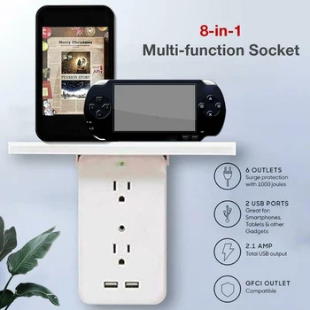 

Household Switch Socket Rack Socket Shelf 6 Electrical Outlet Extenders 2 USB Charging Ports Removable Built-In Shelf