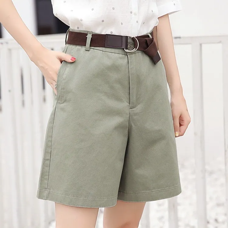 Tide Vogue Pop Tide модные красивые однотонные повседневные женские шорты с карманами и высокой талией Летние шикарные повседневные шорты с ремнем на молнии - Цвет: Зеленый