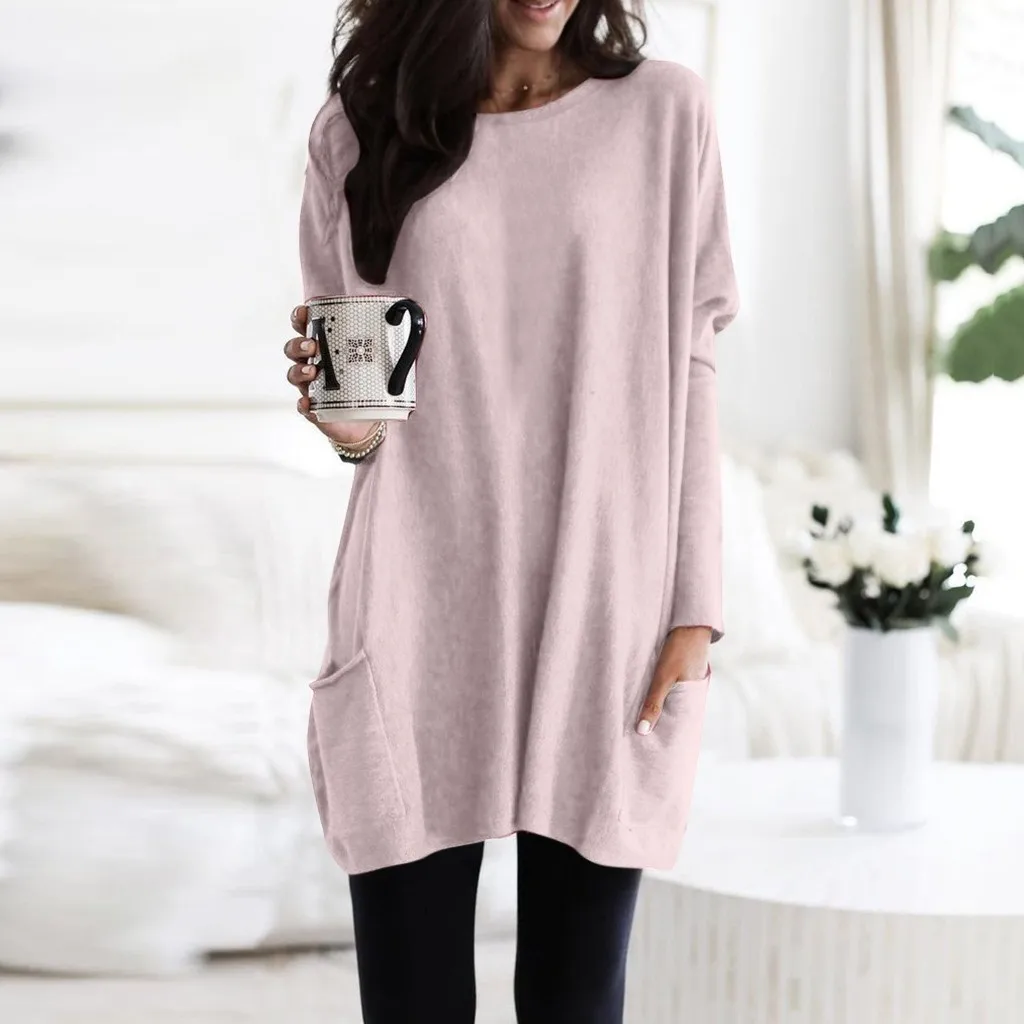 Women Solid Warm Long Sleeve Sweatshirt Loose Pocket Daily Pullover Tops Plus Size Femme Tops#30