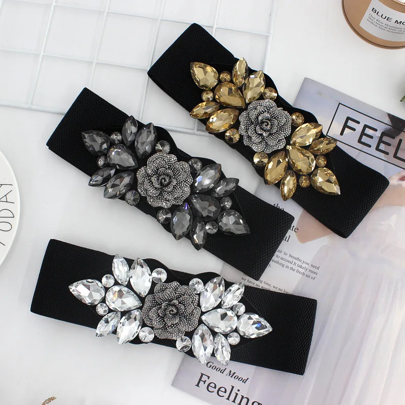 

2023 Women Rose Flower Rhinestone Waist Belt Elastic Corset Waistband Dress Decorate Party Floral Cummerbunds Buckle Wide Belt