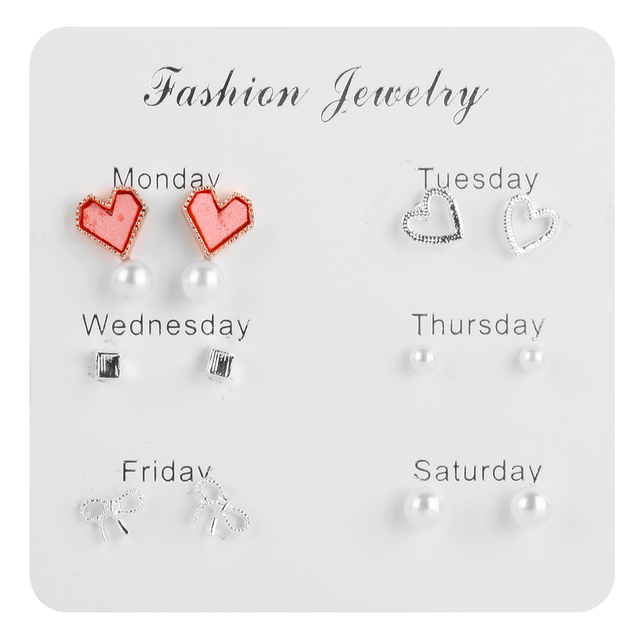 Pairs Stud Earrings Set for Women Statement Heart Star Snowflake Flower Crystal Pearl One Week Minimalist Set of Earrings Gift