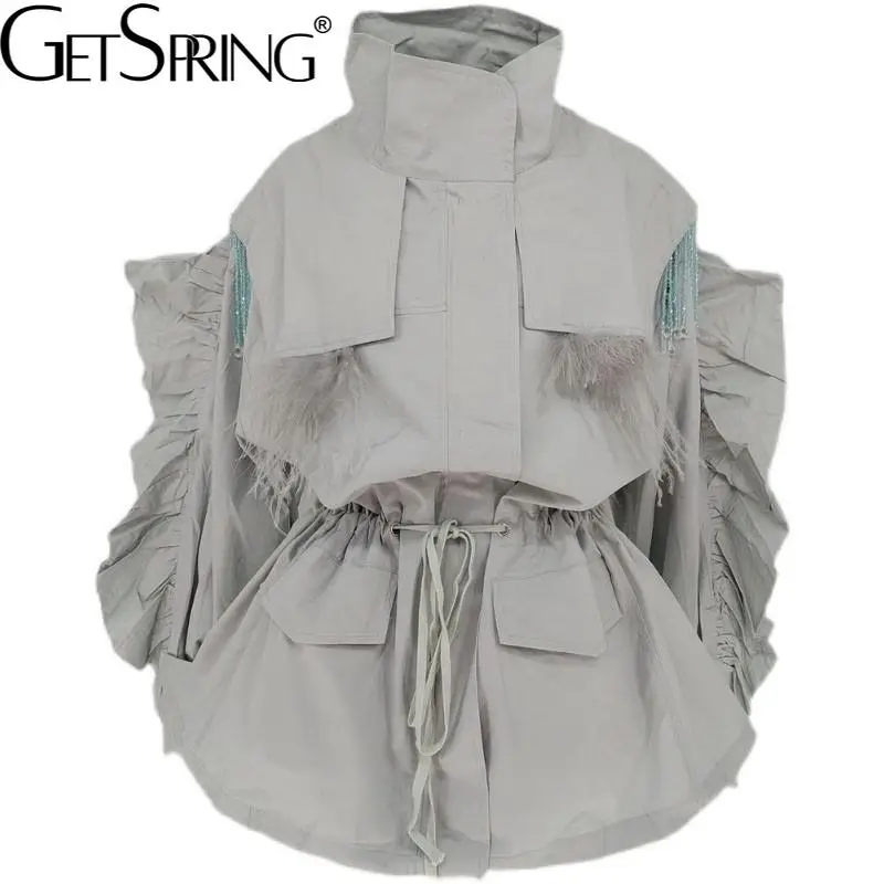 GetSpring женский тренчкот с бахромой из бисера рукавами-фонариками Женская ветровка
