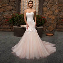 Розовый Русалка Свадебные платья Милая без бретелек Тюль и кружева с аппликацией Свадебные платья Vestido De Noiva развертки поезд