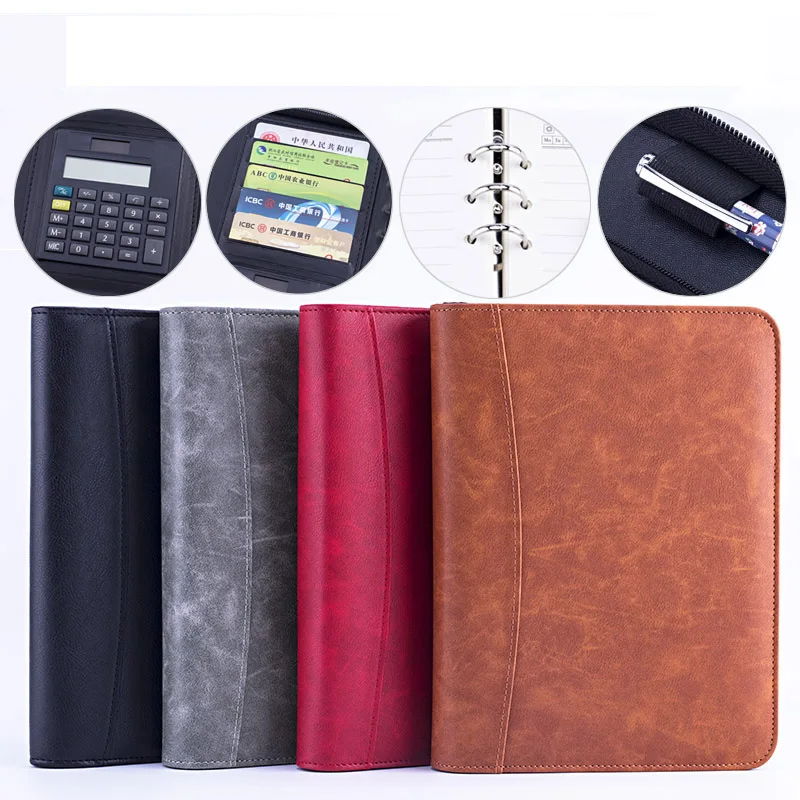 A5 Padfolio папка для документов с калькулятором на молнии Fichario Binder портфель для ноутбука деловая спиральная записная книжка для путешествий