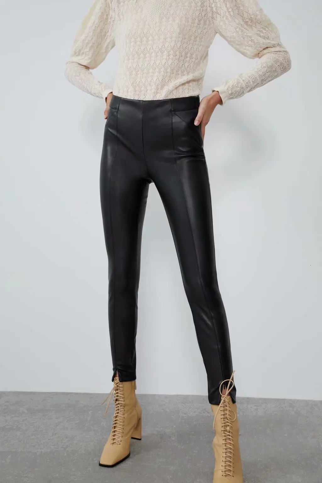 Узкие брюки из искусственной кожи; флисовые брюки с высокой талией; зимние женские Стрейчевые брюки; Pantalones Mujer