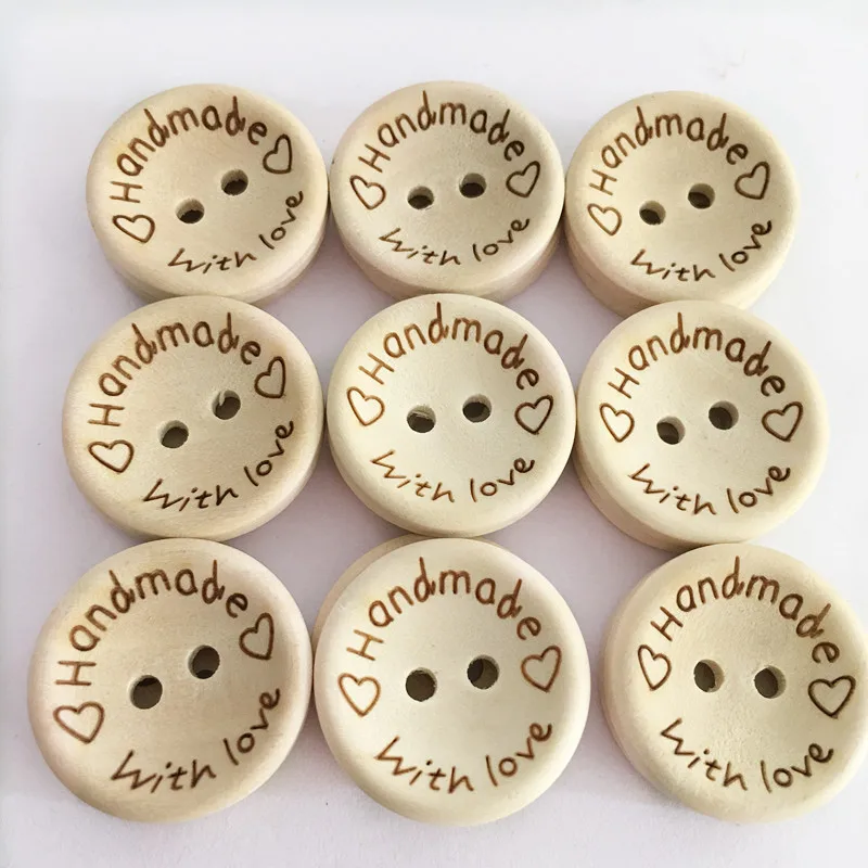 100PCS/Lot Bowl Type Natural Color Wooden Buttons Handmade Love