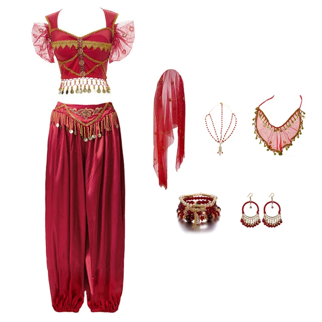 Festival Arabian Princess Costumes Indian Dance Embroider Bollywood Jasmine Costume Party Cosplay Jasmine Princess Fancy Outfit Red 1 - 7 pcs Set