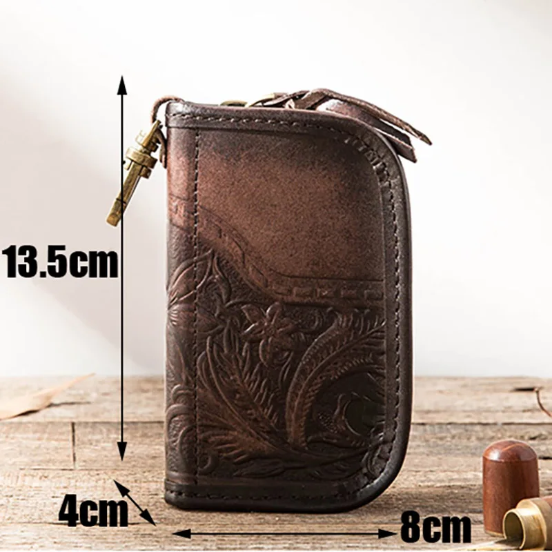 AETOO Большая вместительная кожаная сумка для ключей ручной работы, мужская сумка для ключей zippercar, мужской кожаный кошелек - Цвет: Deep Brown