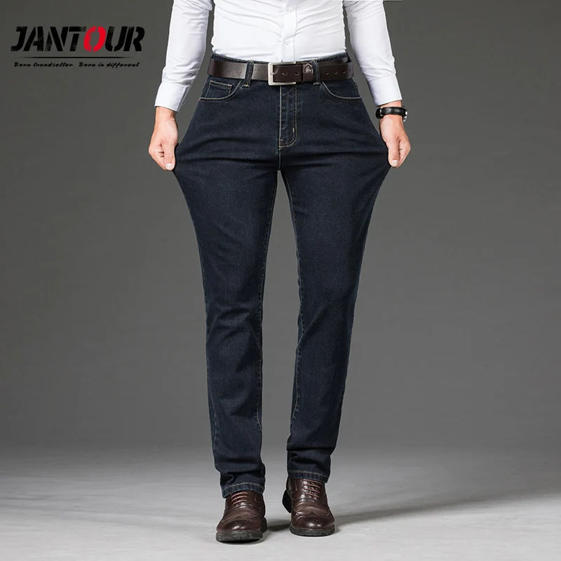 

Autumn Winter Men's Straight Jeans Business Casual Elastic Loose Jean Black Blue Denim Pants Male Brand Trousers big size 40 42