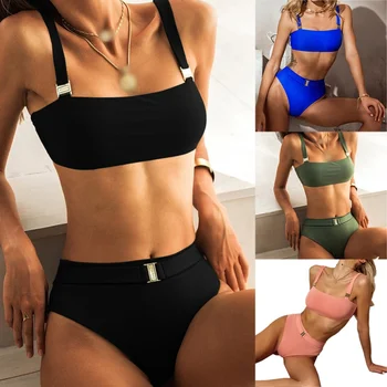 

2 Piece High Waist Swimsuit Striped Split Swimsuit Ladies Sexy Solid Color Ladies Summer Beachwear Bathing Suit