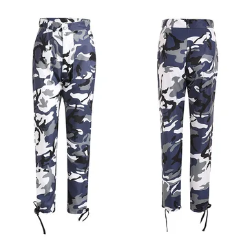 

Winter Contrast Color Camouflage Print High Waist Buttons Denim Trousers