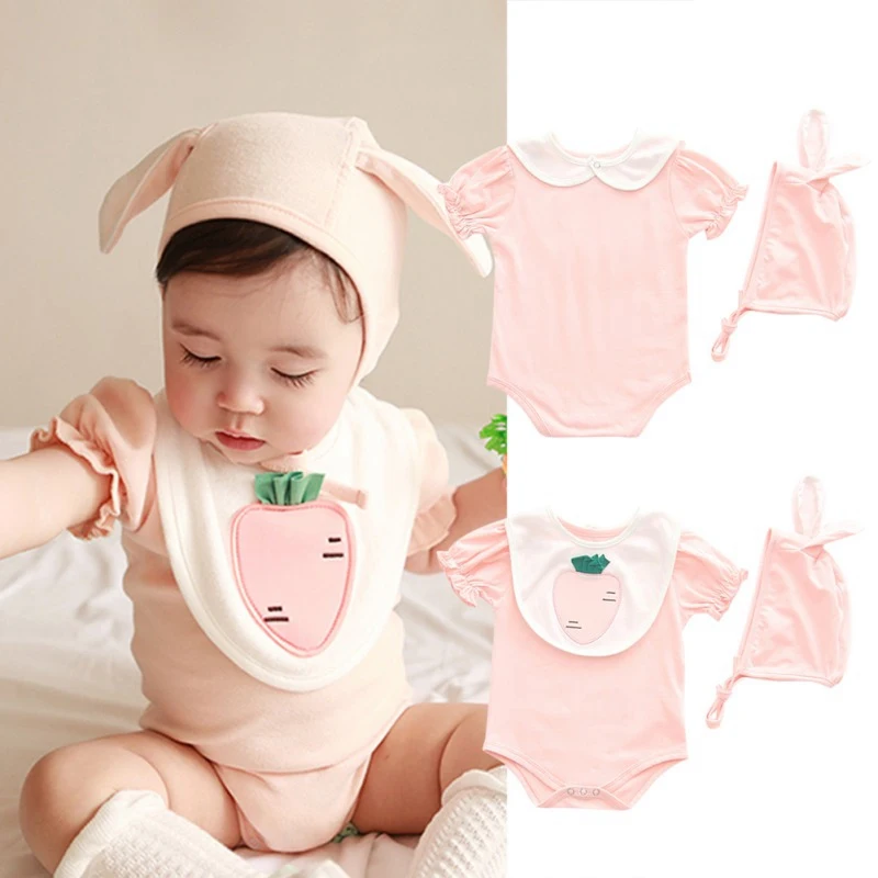 

Newborn Infant Baby Girl Boy Carrot Print Short Sleeve Bodysuits +Sunsuit Hat Cotton Outfits Jumpsuit Clothes Set 0-18M.