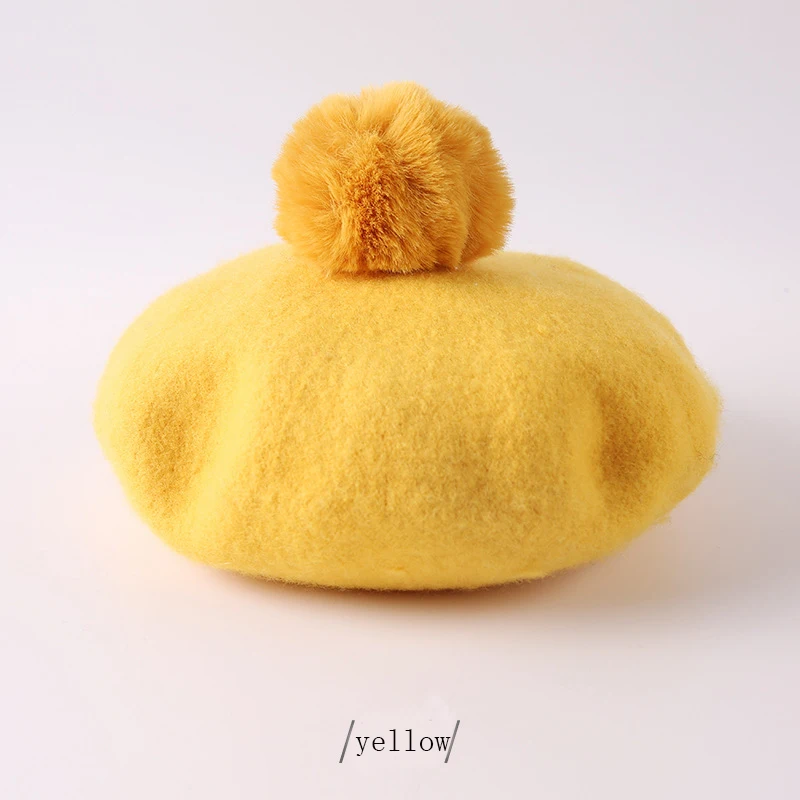 Children Pompoms Beret Hat Solid Color Octagonal Cap Girls Winter Wool Painter Hats For 1-3 Years Kids