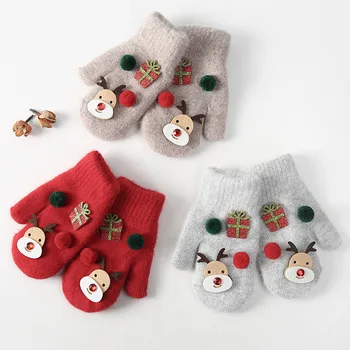 

Christmas Knitted Gloves Children Korean Style Cartoon Deer Pattern Thicken Plush Warm Pure Color High Quality Accessories Glove