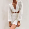 2022 Summer Dress Women Knitted Croset See Through Beach Dress Cut-Out Sexy Backless Long Sleeve White Dresses Woman Clothing ► Photo 1/6