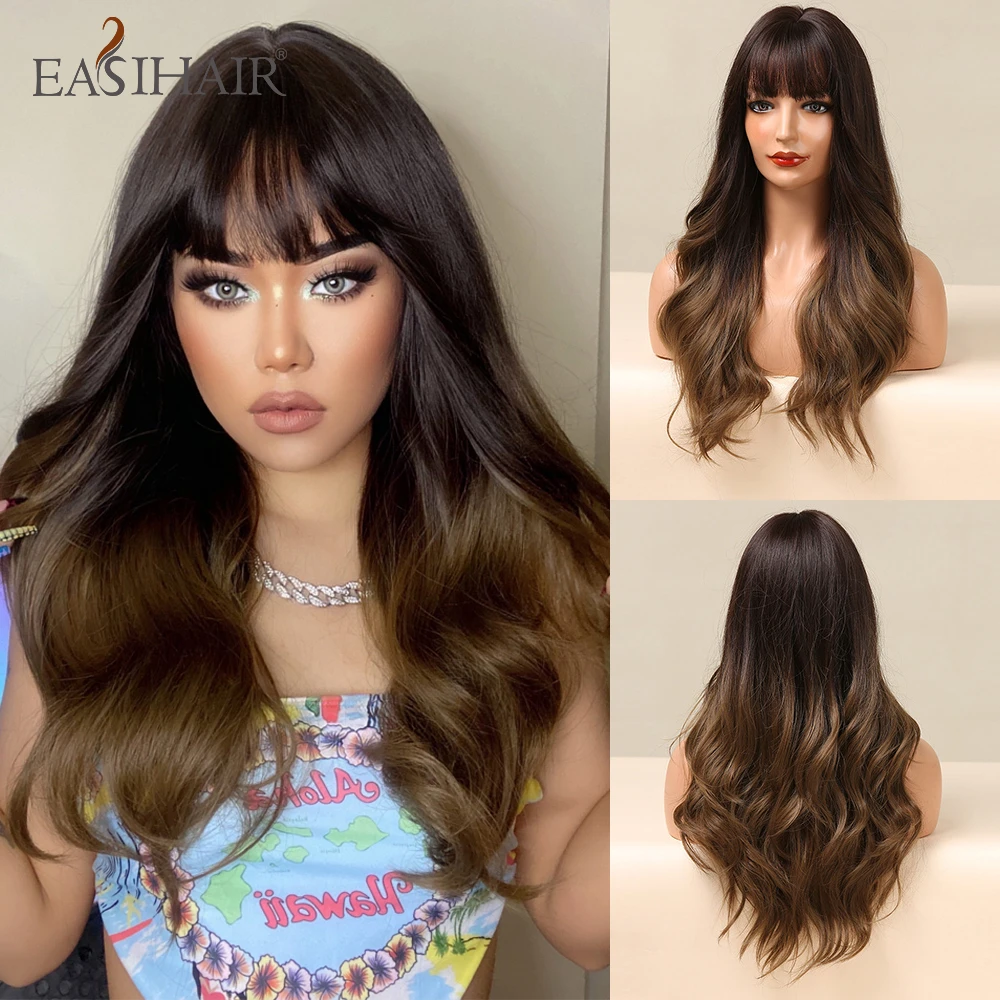 EASIHAIR Long Wavy Synthetic Wigs with Bang Ombre Black Brown Women's Wigs Heat Resistant Fiber Natural Faker Hair Cosplay Daily