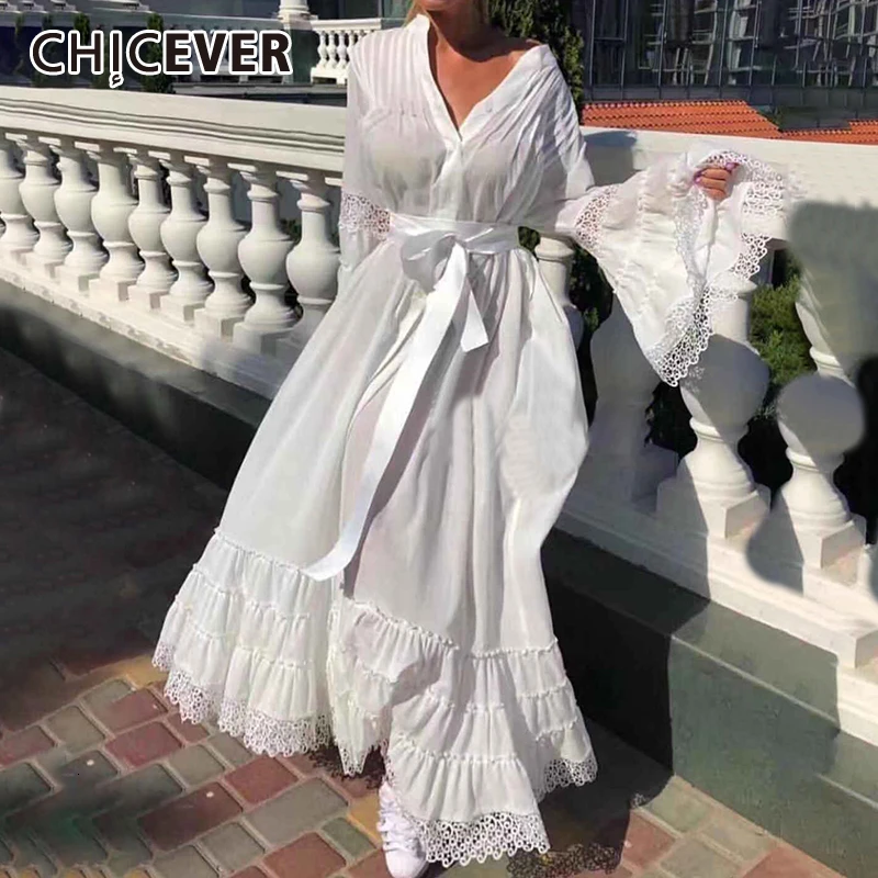 CHICEVER сексуальные Лоскутные с бантом платье для женщин v образный вырез рукав клеш