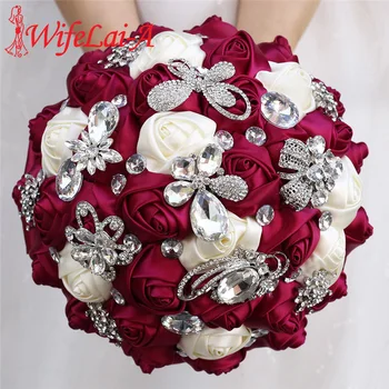 

Sauce Purple Wedding Bouquet Ivory Satin Rose Artificial Flowers Brooch Marriage Rhinestone Bridal Bridesmaid Bouquets W704