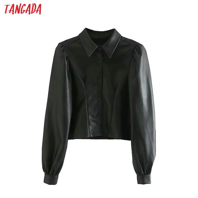 Tangada женские черные рубашки из искусственной кожи модные короткие стильные винтажные женские блузки из искусственной кожи с длинным рукавом Топы 4M124