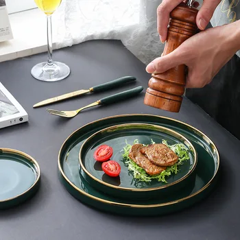 

Gold Marble Glazes Ceramic Green Porcelain Breakfast Plates Dishes Noodle Bowl Coffee Mug Cup Party Tableware Set