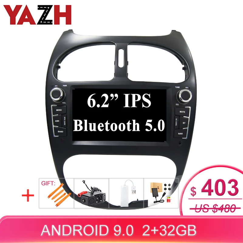 

YAZH Android 9.0 DVD CD Player For Peugeot 206 2002 2003 2004 2005 2006 2007 2008 Auto Radio With Bluetooth 5.0 Screen Link SWC