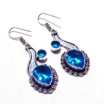 

Genuine Blue Topaz Silver Overlay on Copper Earrings , Hand made Women Jewelry Gift, E5417