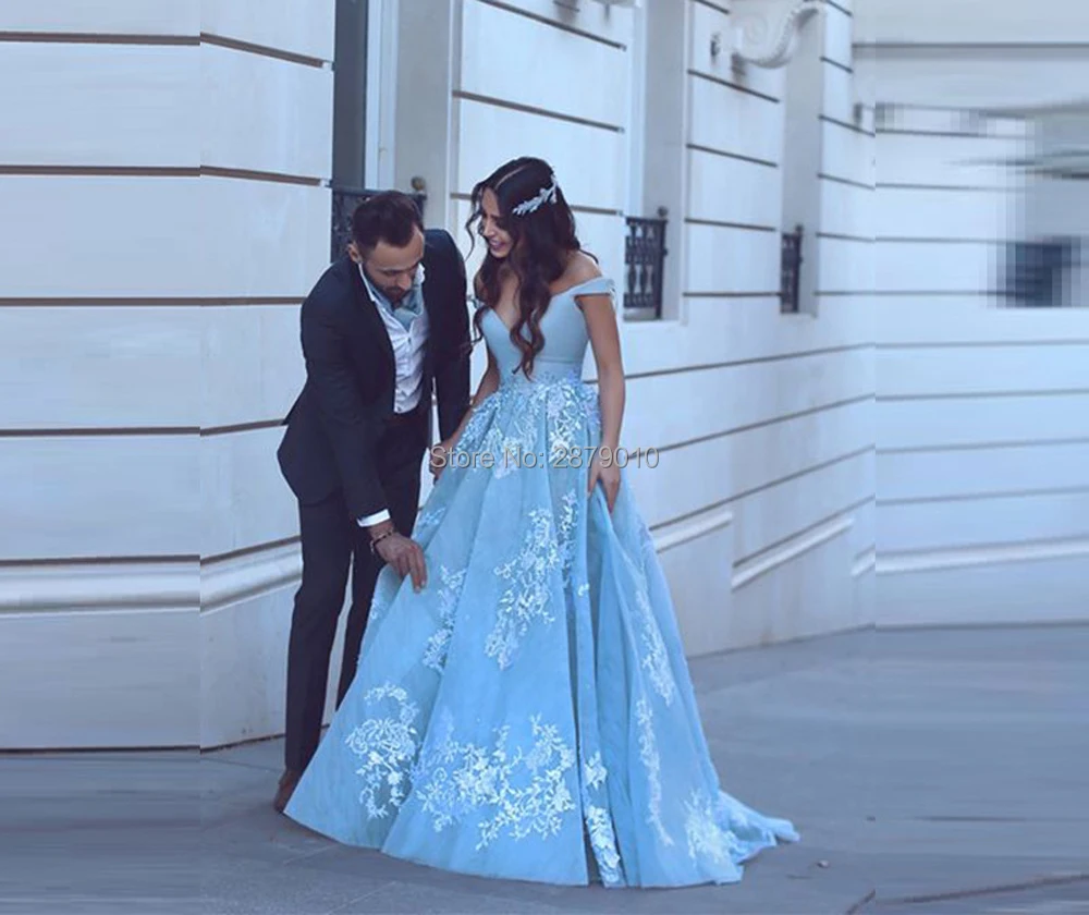 Off The Shoulder V-Neck A-Line Long Evening Dress Floor-Length Women Dress Tulle Appliques Prom Party Dress Dubai Bridal Gowns