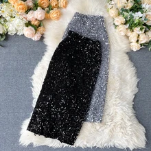 

2022new Women New Spring Summer Sexy Sequins Slim Shinny Skirt Trend High Waist Skirts Korean Elegant Mid Length Bodycon Jupe