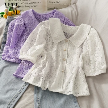 

YornMona Ins Fashion Stylish Ladies Crop Top Blouse 2020 New Chic Lace Blouse Shirt Ladies Short White Black Crochet Blouses